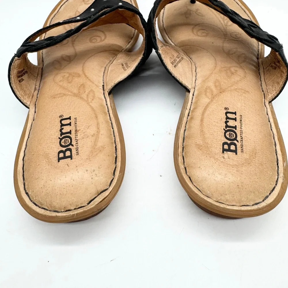 Born Braided Strap Thong Sandals Slip On Flats Black Leather Size 11 Boho Casual